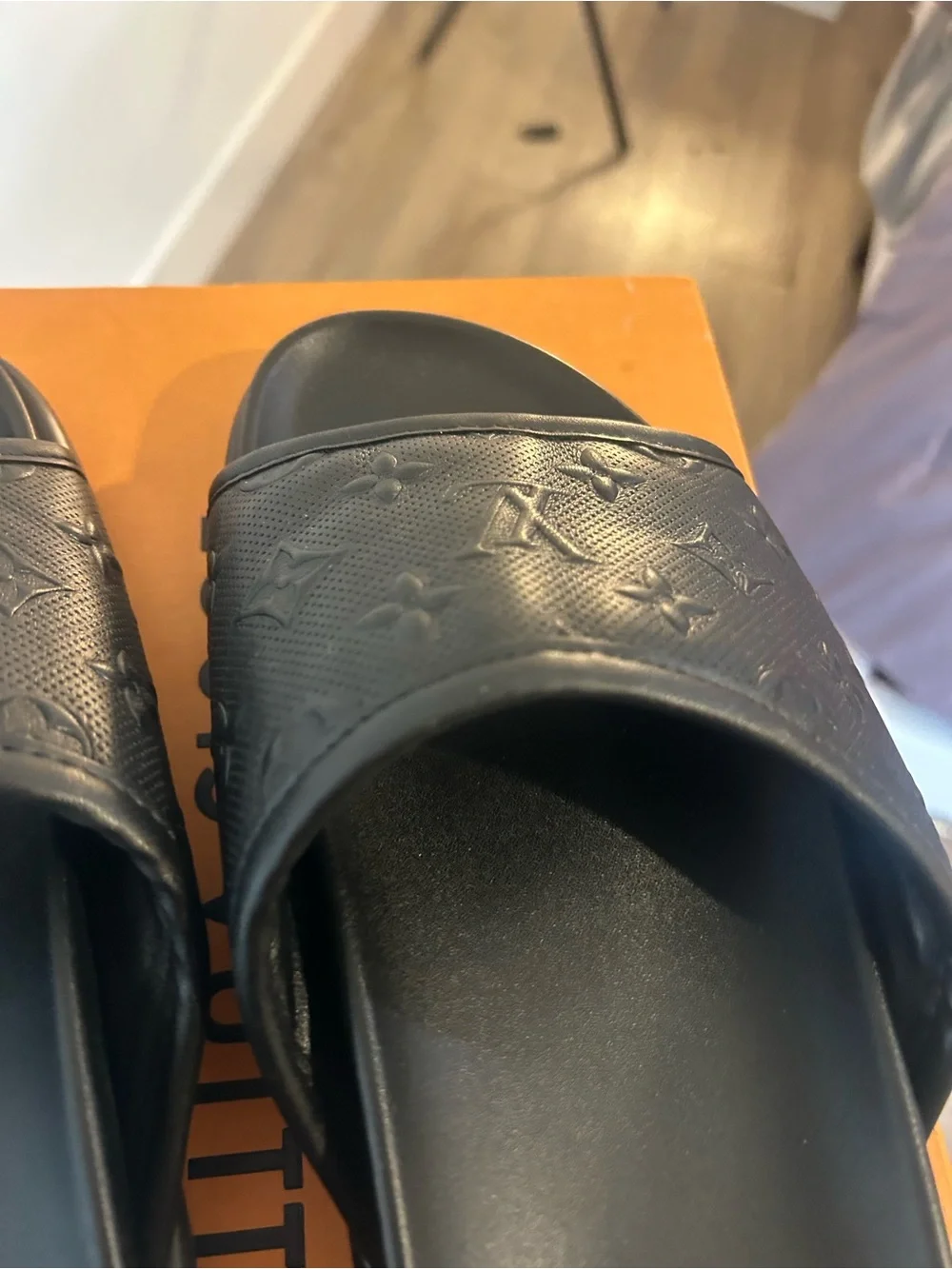 Louis Vuitton Black Embossed Monogram Slide Sandals